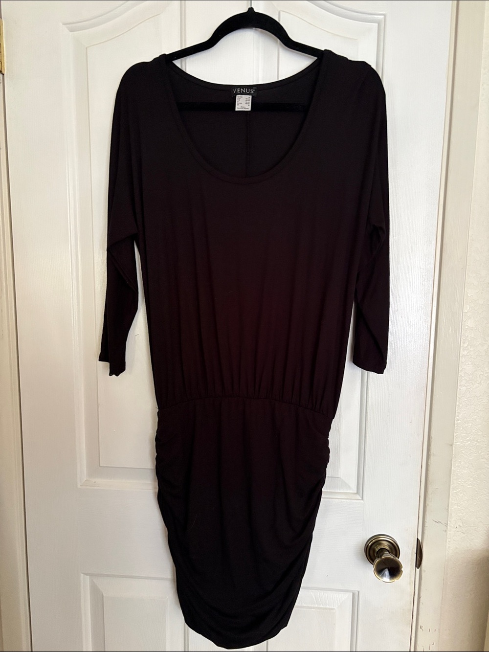VENUS Black Scoop Neck Ruched Waist Dress